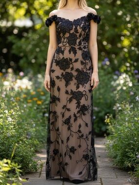 NWOT Adrianna Papell Off-The-Shoulder Rosette Beaded Column Gown Size 4